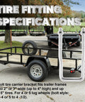 U-Bolt Spare Tire Carrier Holder Bracket For Trailer Side Mount Fits 4 Or 5 Lug Wheels Up To 15 Inch Tires Zinc Plated 8.8 Grade Steel Heavy Duty shown on trailer