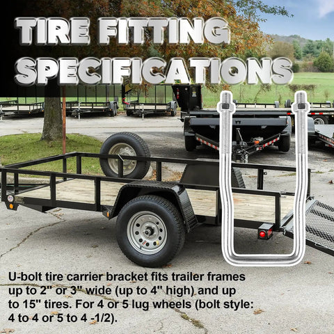 U-Bolt Spare Tire Carrier Holder Bracket For Trailer Side Mount Fits 4 Or 5 Lug Wheels Up To 15 Inch Tires Zinc Plated 8.8 Grade Steel Heavy Duty shown on trailer