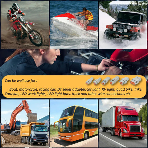 Various vehicles such as motorcycles, jet skis, jeeps, and trucks used with Pro Grade DT Connector Kit for automotive wiring.
