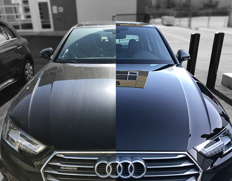 Half-treated car with 80 Percent SiO2 Nano Ceramic Coating for Cars, showcasing hydrophobic paint protection effectiveness.