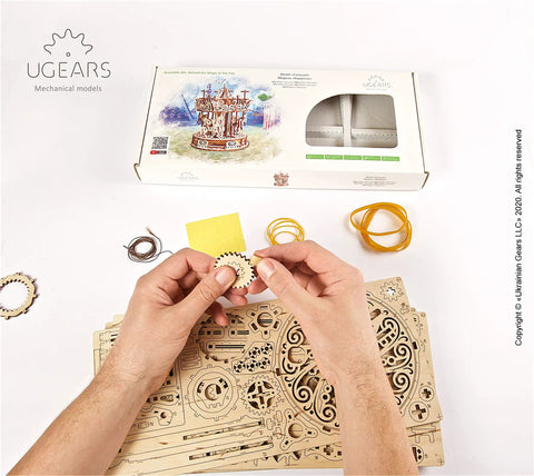 Carousel 3D Wooden Puzzle For Adults Mechanical Model Self Assembling Craft DIY Kit With Moving Horses A Mad Fun Relaxing Wood Model Gift For Adults Perfect Gift For Collectors And Builders Who Love Hands On Puzzles. wooden mechanical kit parts and box