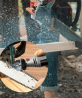 20 Piece Chainsaw Sharpening Kit With Diamond Burr Files And Angle Guide for Drill or Rotary Tool in use on chainsaw blade