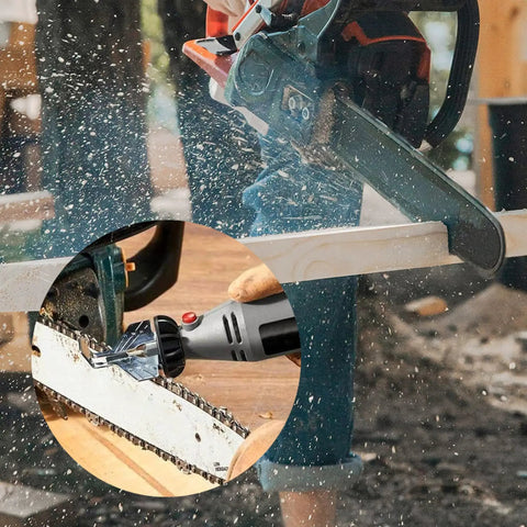 20 Piece Chainsaw Sharpening Kit With Diamond Burr Files And Angle Guide for Drill or Rotary Tool in use on chainsaw blade