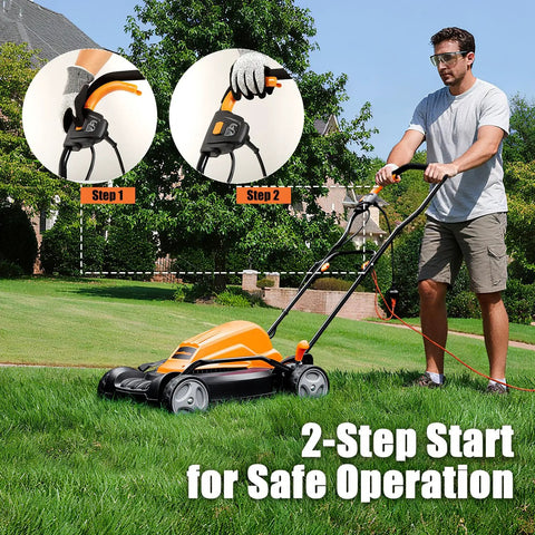 Electric Lawn Mower With 12 Amp Motor 19 Inch Deck 2 In 1 Mulch Or Side Discharge Six Cutting Heights in use on a lawn