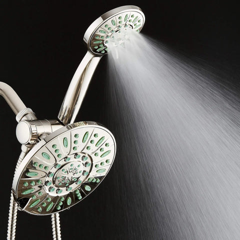 Antimicrobial High Pressure 30 Setting Rainfall Shower Combo With Anti Clog Nozzles Microban Protection Against Mold Mildew And Bacteria Brushed Nickel Finish Coral Green Jets spraying water
