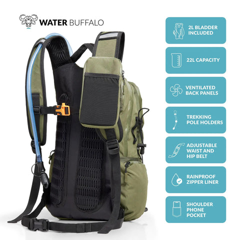 Side view of 22L Hiking Hydration Backpack with Leakproof Water Bladder, Phone Pocket, Weatherproof Zippers, Trekking Pole Holders.