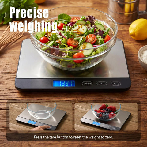Big Ol Digital Kitchen Scale 44Lb/20Kg With 1g/0.1oz Precision, displaying salad bowl, stainless steel and glass platform