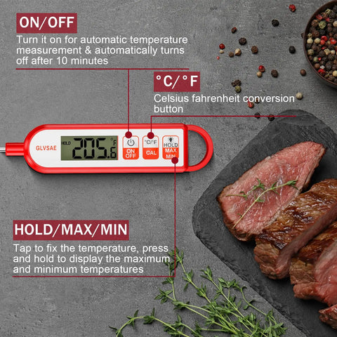 Digital Meat Thermometer With Instant Read In 1 To 2 Seconds Waterproof Food Thermometer With A 5.1 Inch Extra Long Probe next to steak