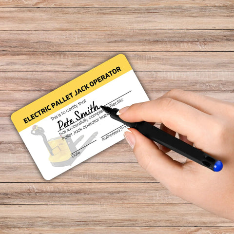 5 Pack Electric Pallet Jack Operator Credential Cards 2 By 3.5 Inch durable plastic card being filled out with a pen.