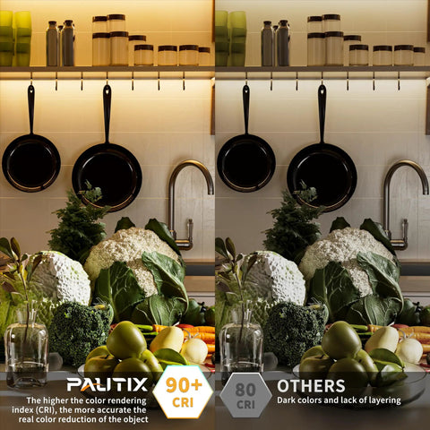 Comparison of kitchen lighting with 20 Foot COB LED Strip Light Warm White 3000K With 3087 LEDs High Lumen CRI 90 Plus and standard lighting.