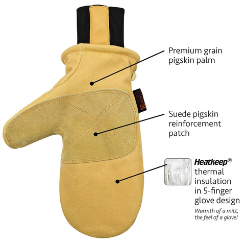 Front view of Premium Leather Work And Ski Mitt With Nikwax Waterproof Wax For Harsh Winter Conditions showing pigskin and insulation features.