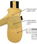 Premium Leather Work And Ski Mitt With Nikwax Waterproof Wax 901T Heavy Duty Pigskin Glove showing palm and insulation features