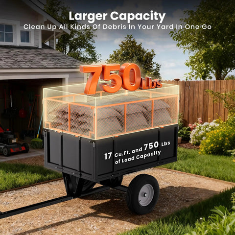 Rugged 17 Cu Ft Dump Trailer For ATVs With 750 Lb Capacity, featuring removable sides, in front of a house.