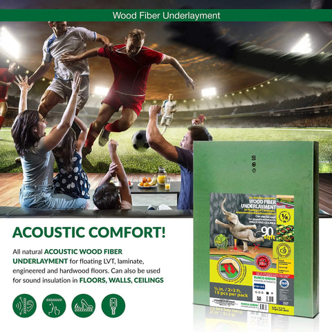 Solid As A Rock Wood Fiber Underlayment 6mm Thick delivers sound dampening insulation for comfy floors. Covers ninety square feet.