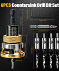 Built Like A Tank 4 Piece Countersink Drill Bit Set With Adjustable Depth Stop And Sturdy L Wrench, M2 HSS Steel, precise dimensions.