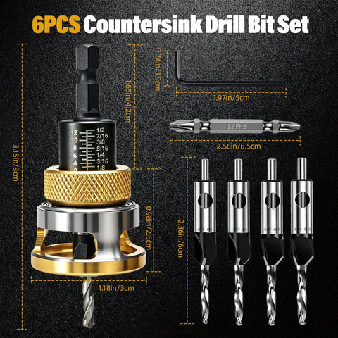 Built Like A Tank 4 Piece Countersink Drill Bit Set With Adjustable Depth Stop And Sturdy L Wrench, M2 HSS Steel, precise dimensions.