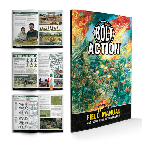 World War II 28mm Tabletop Battle Game Starter Set field manual cover and pages displayed.