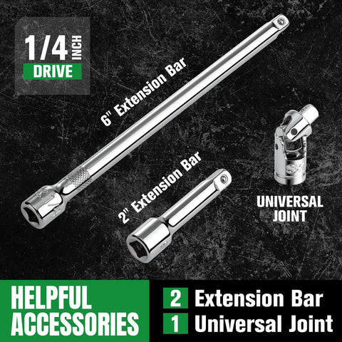 One Quarter Inch Drive Socket Set With 216 Piece Quick Release Ratchet, extension bars and universal joint accessories