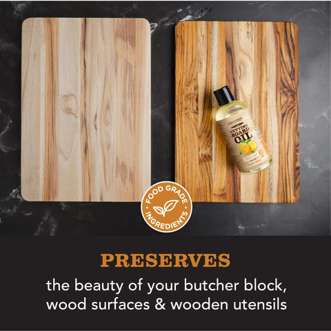 Image of Food Grade Perfect Pair Mineral Oil And Carnauba Wax Set For Cutting Boards And Butcher Blocks displayed on wooden boards.