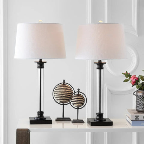Two Pack 30 Inch Table Lamps In Black And Clear Glass With Metal Column Base And White Linen Drum Shade, Classic Iron Look, LED Bulbs Included, ETL Listed For Safe Living Room Or Bedroom Lighting displayed on a table.