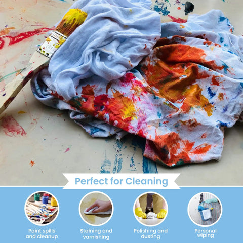 White Knit Wiping Cloths For Painting Staining And Cleaning, Smooth White Rags For Finishing And DIY Projects on paint-splattered surface