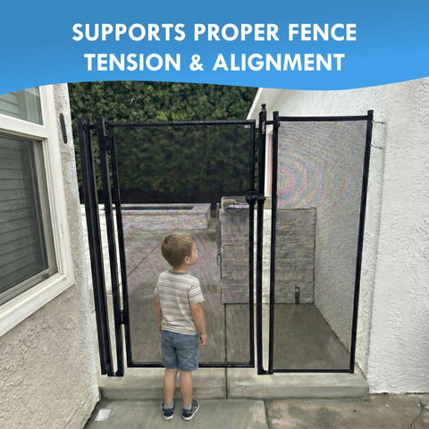 Child observing Hella Sturdy Pool Fence Wall Mount Kit For Inground Swimming Pools featuring a mesh gate with proper tension.