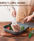Person grilling meat on Nonstick Grill Pan For Stove Tops With Pour Spouts, Square 9.5 Inch Griddle in kitchen