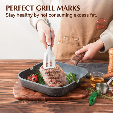 Person grilling meat on Nonstick Grill Pan For Stove Tops With Pour Spouts, Square 9.5 Inch Griddle in kitchen