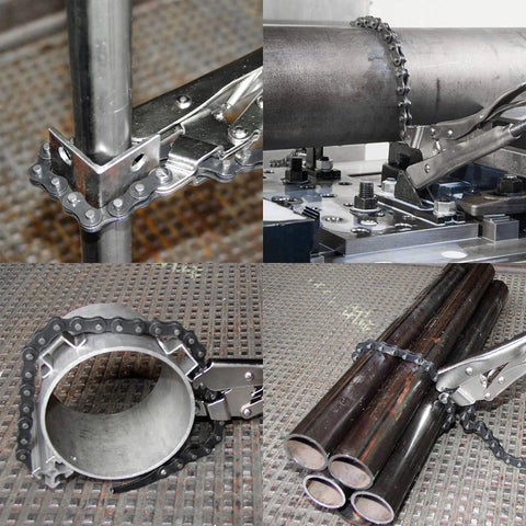 Locking Chain Pliers With 36-Inch Chain Holds Up To 10.5-Inch Diameter Pipe Quick Release Trigger in use on pipes and metal objects