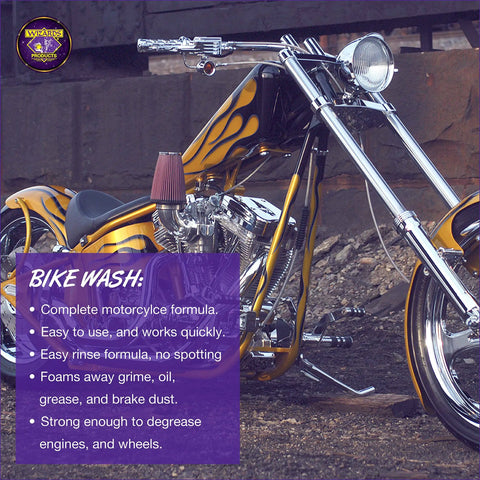 Custom motorcycle with vibrant detailing next to text about complete bike wash, featuring Motorcycle Detailing Kit 5 Piece Set.