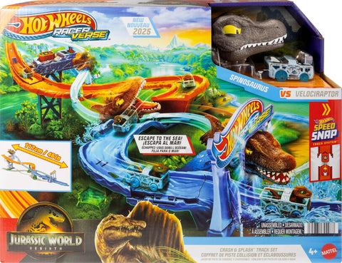 Hot Wheels RacerVerse Jurassic World Crash And Splash Playset with Velociraptor and Spinosaurus on race track box image