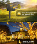 Solar Powered Outdoor String Lights 40 Ft 100 LED With 8 Lighting Modes IP65 Waterproof Warm White shown charging and glowing.