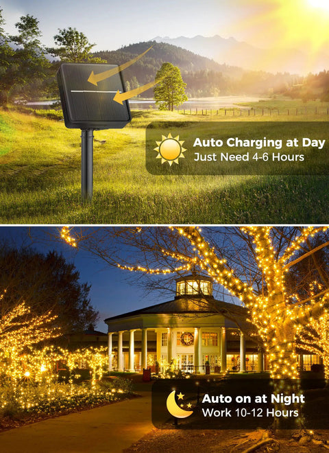 Solar Powered Outdoor String Lights 40 Ft 100 LED With 8 Lighting Modes IP65 Waterproof Warm White shown charging and glowing.