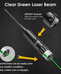 Green Laser Bore Sight Kit With 32 Caliber Adapters From.17 HMR To 12 Gauge, showing clear green laser beam and on/off switch detail.