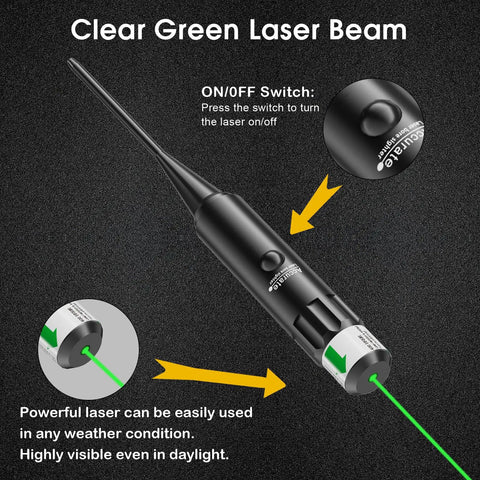 Green Laser Bore Sight Kit With 32 Caliber Adapters From.17 HMR To 12 Gauge, showing clear green laser beam and on/off switch detail.