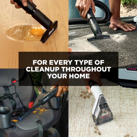 EveryMess Ultra Powerful Mess Busting 3 In 1 Wet Vacuum Dry Vacuum And Stain Eliminator with StainForce Technology in action on various surfaces.