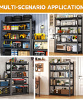 Heavy Duty 5 Tier Garage Shelving Unit With 2500 Pound Capacity in various home and garage settings, black finish.