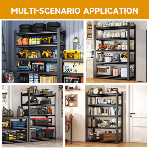 Heavy Duty 5 Tier Garage Shelving Unit With 2500 Pound Capacity in various home and garage settings, black finish.