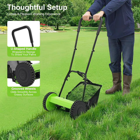 Push Reel Lawn Mower With Five Steel Blades, Walk-Behind Manual Grass Cutter, 11.8 Inch Cutting Width, Adjustable Height From 0.47 To 1.77 Inches, Removable Grass Bag For Easy Yard And Garden Cleanup, on lawn