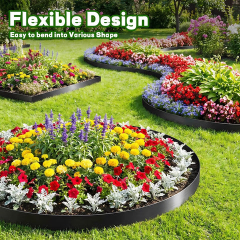 4 Inch Tall Landscape Edging Kit, 100 Ft Flexible Lawn Border encircles colorful flower beds with black edge.