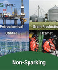 Petrochemical, grain production, utilities, and hazmat environment collage with 'Non-Sparking' text