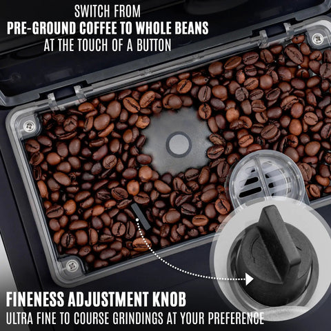 Close-up of coffee beans in the hopper of Fully Automatic Espresso Machine With Built In Conical Grinder And Auto Foaming Milk Wand.
