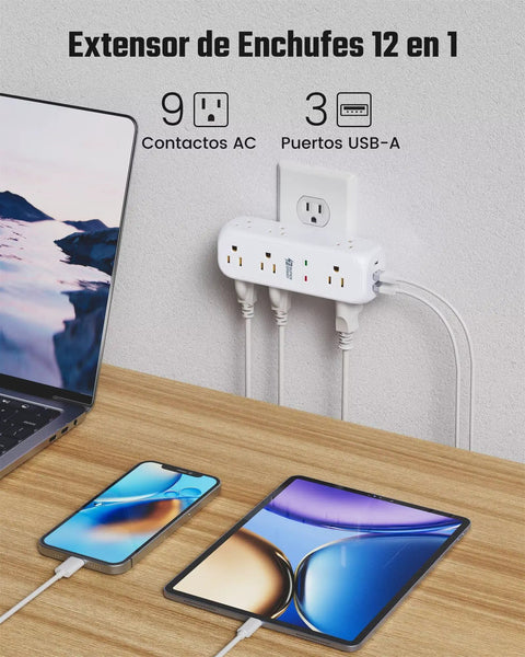 Beefed Up 9 Outlet Swivel Power Strip With 3 USB Ports And USB C 360 Degree Rotating Prongs Surge Protector on desk