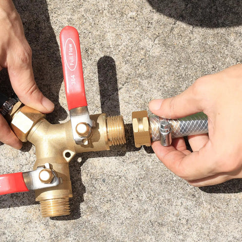 Solid Brass Garden Hose Fittings Female Three Quarters Inch GHT Barb Adapters Pack Of Four With Rubber Rings For Leak Free Durable Easy Install Water System Connections installed on brass valve and hose