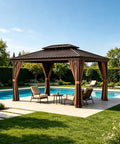 All Season Hardtop Metal Roof Gazebo With Mosquito Netting And Privacy Curtains for backyard patio deck, brown, 10x12 ft, poolside view