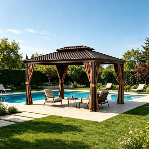 All Season Hardtop Metal Roof Gazebo With Mosquito Netting And Privacy Curtains for backyard patio deck, brown, 10x12 ft, poolside view
