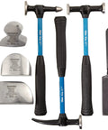 7 Piece Body And Fender Repair Tool Set With Fiberglass Handles For Dent Repair And Auto Body Work Includes General Purpose Pick Hammer Cross Chisel Curved Hammer Light Ding Spoon Toe Dolly Block And More laid out
