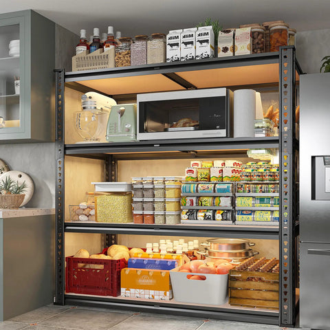 40 Inch Wide Heavy Duty Garage Shelving System With Rolled Edge Columns For Basement Pantry Storage And Workshop Organization Multipurpose Metal Shelves Sturdy Industrial Shelving Racks For Home And Office Use, black metal 4-tier pantry shelf in kitchen