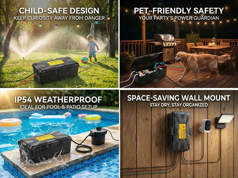 Weatherproof Outdoor Electrical Box With IP54 Protection Six Cable Entry Ports Protective Outlet Cover For Power Strips And Holiday Lights in various settings such as garden, patio, poolside, and mounted on a wall.
