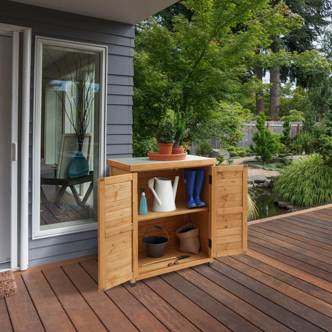 Outdoor Garden Potting Bench With Metal Tabletop And Storage Cabinet Cedar Wood Weatherproof Natural Finish Patio Workstation For DIY Planting